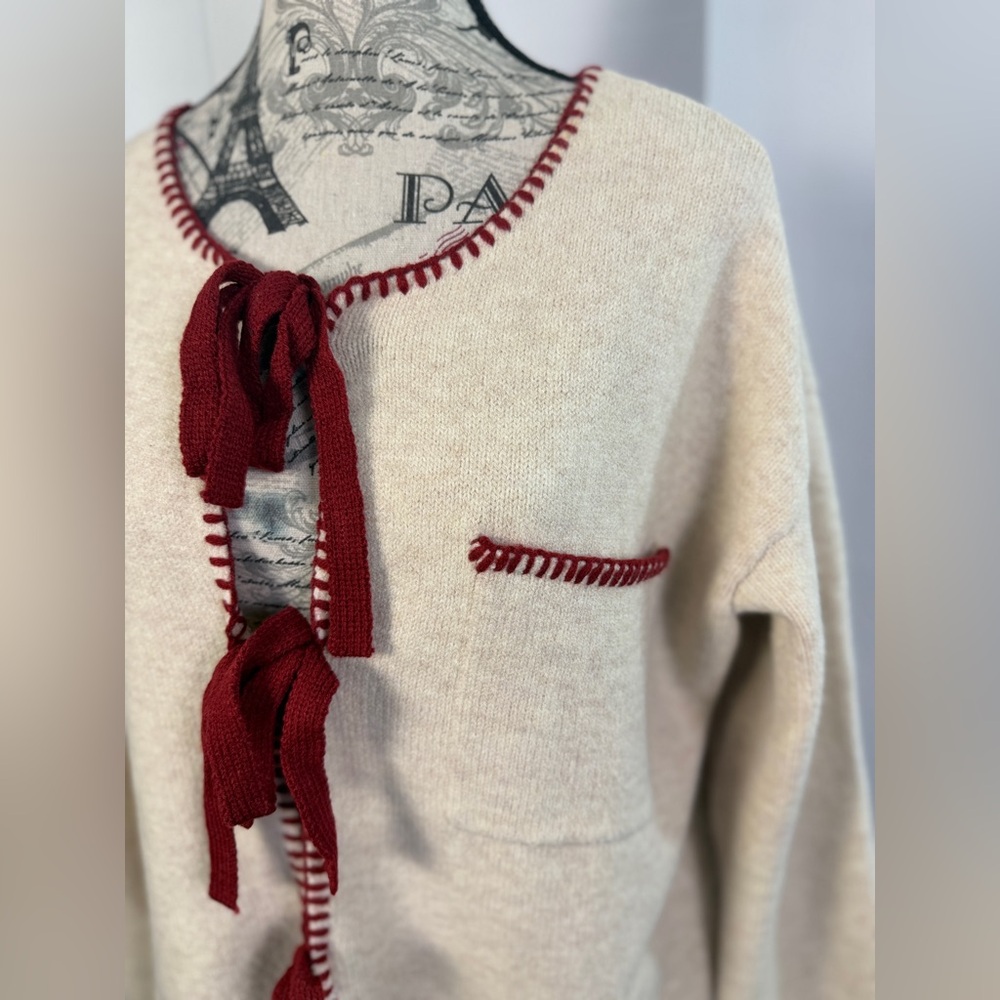 Sunday Edition Tie Front Cardigan Women Small Cream Burgundy Trim Cozy Boutique - Picture 3 of 11